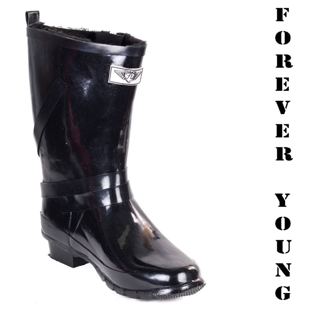 Women's Rainboots, Mid Calf Faux Fur Lined Rain Boots, RB-2414 Black, Size 7